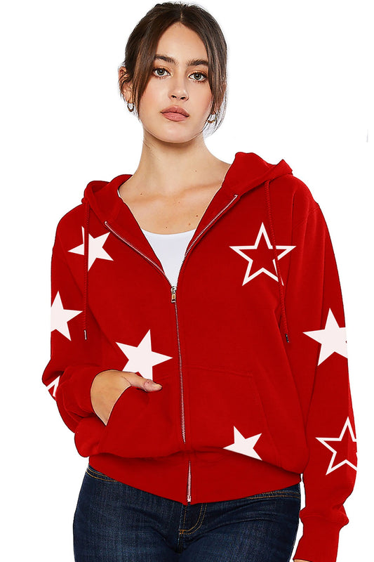 FLEECE RELAX FIT ZIP UP JACKET WITH STAR PRINT