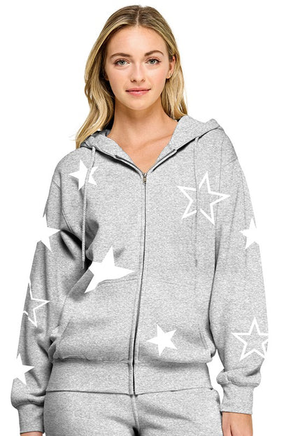 FLEECE RELAX FIT ZIP UP JACKET WITH STAR PRINT