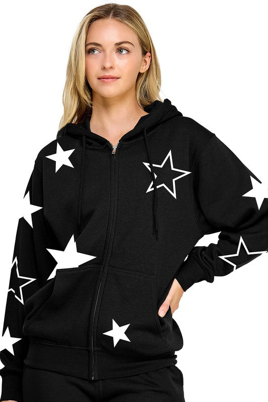 FLEECE RELAX FIT ZIP UP JACKET WITH STAR PRINT