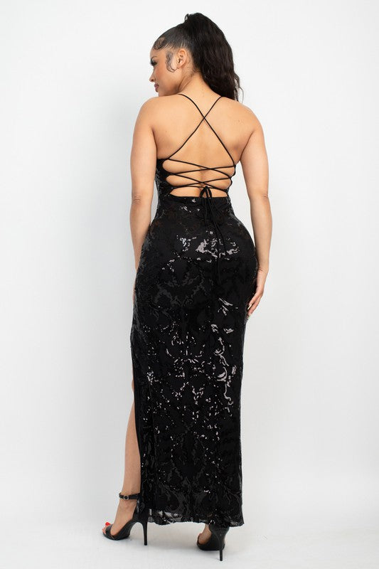 SEQUIN BACK LACE-UP DRESS