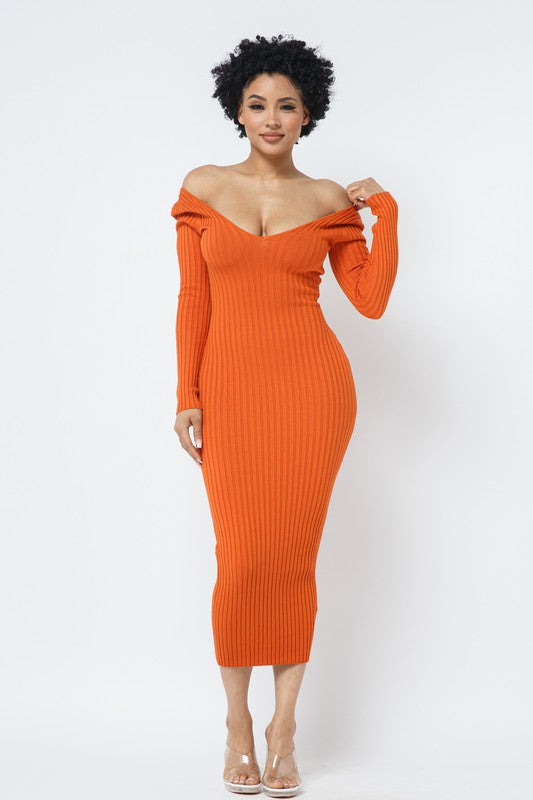 (DEEP V-NECK) OR (OFF SHOULDER) LONG SLEEVE RIB MIDI DRESS