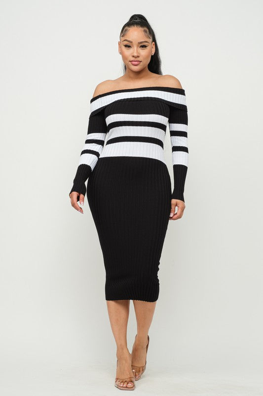 STRIPE RIBBED OFF SHOULDER MIDI Knit DRESS