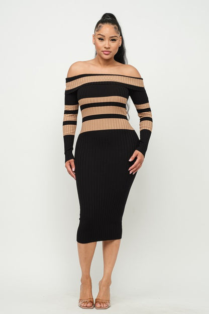 STRIPE RIBBED OFF SHOULDER MIDI Knit DRESS