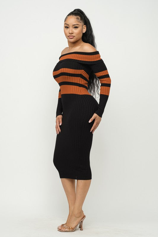 STRIPE RIBBED OFF SHOULDER MIDI Knit DRESS