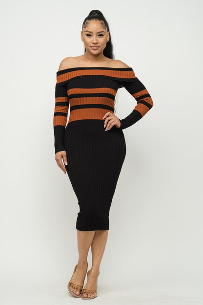 STRIPE RIBBED OFF SHOULDER MIDI Knit DRESS