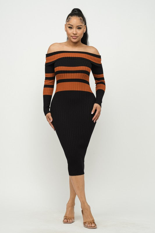 STRIPE RIBBED OFF SHOULDER MIDI Knit DRESS