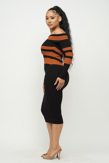 STRIPE RIBBED OFF SHOULDER MIDI Knit DRESS