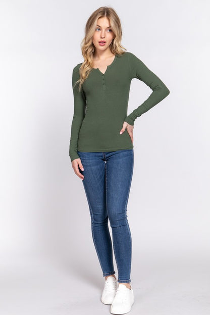 LONG SLV HENLEY NECK w/BUTTON RAYON RIB KNIT TOP