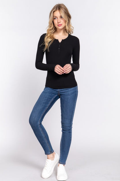 LONG SLV HENLEY NECK w/BUTTON RAYON RIB KNIT TOP