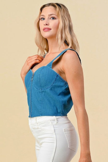 CHAMBRAY DENIM TANK TOP WITH FRONT ZIPPER