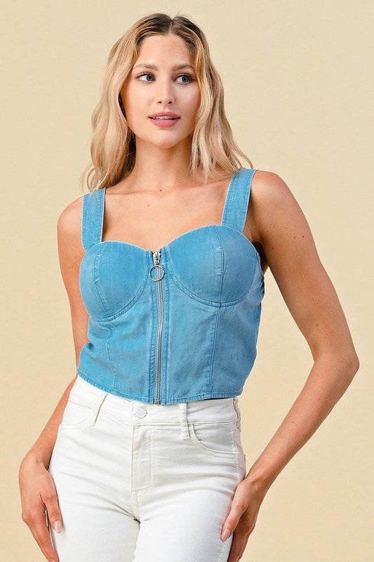 CHAMBRAY DENIM TANK TOP WITH FRONT ZIPPER