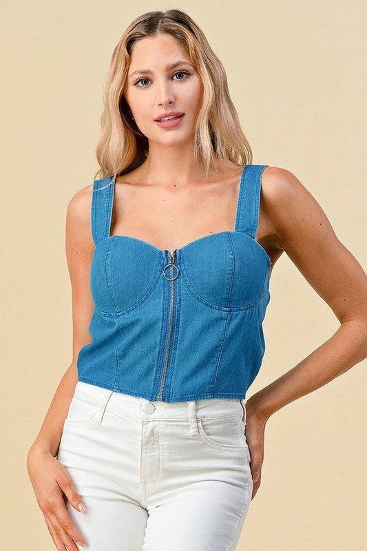 CHAMBRAY DENIM TANK TOP WITH FRONT ZIPPER