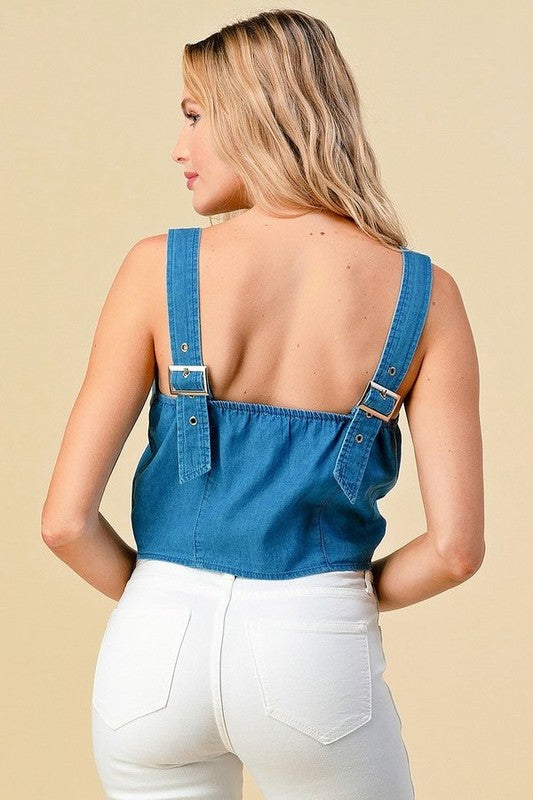 CHAMBRAY DENIM TANK TOP WITH FRONT ZIPPER