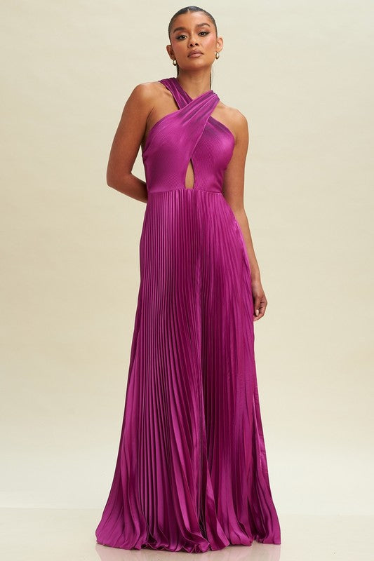 PLEATED CROSS OVER MAXI DRESS