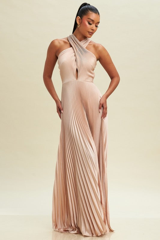 PLEATED CROSS OVER MAXI DRESS