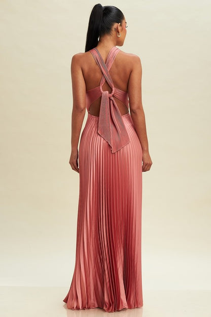 PLEATED CROSS OVER MAXI DRESS