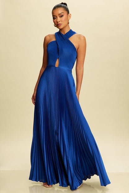 PLEATED CROSS OVER MAXI DRESS