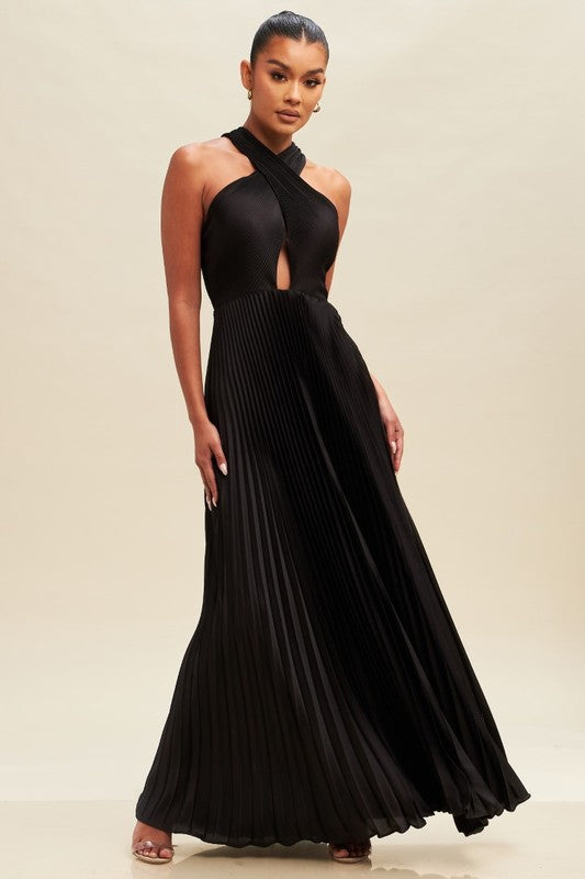 PLEATED CROSS OVER MAXI DRESS