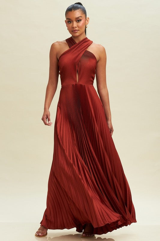 PLEATED CROSS OVER MAXI DRESS