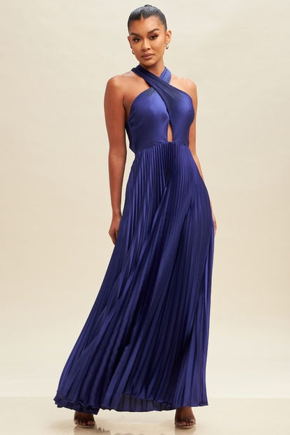 PLEATED CROSS OVER MAXI DRESS