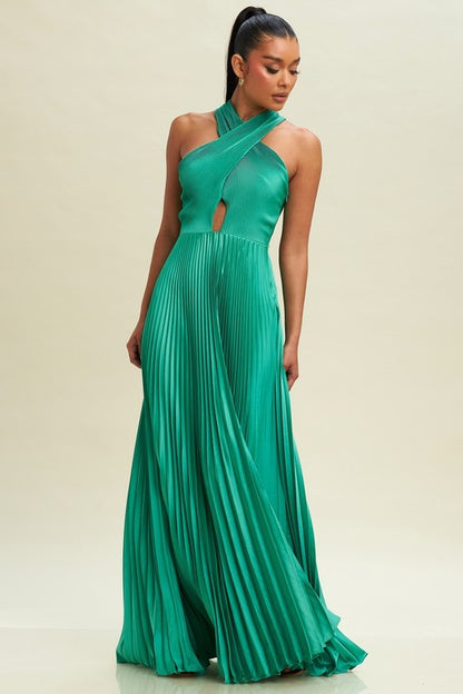 PLEATED CROSS OVER MAXI DRESS