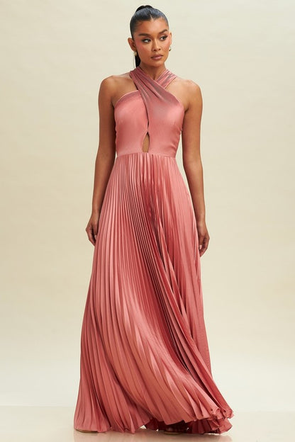 PLEATED CROSS OVER MAXI DRESS