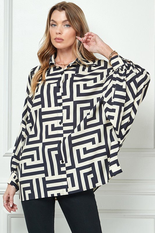 Button Up Print Dolman Pleated Blouse