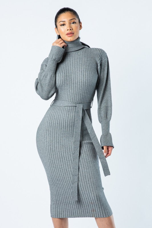 TURTLE NECK RIBBED MIDI Knit DRESS LONG SLEEVE BELTED