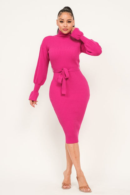 TURTLE NECK RIBBED MIDI Knit DRESS LONG SLEEVE BELTED