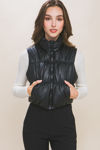 PU FAUX LEATHER PUFFER VEST WITH POCKETS