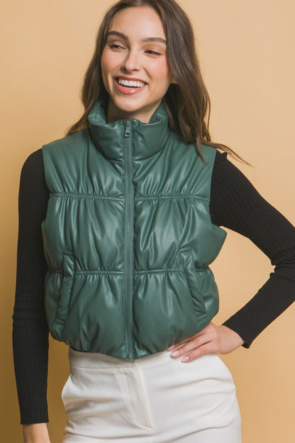 PU FAUX LEATHER PUFFER VEST WITH POCKETS