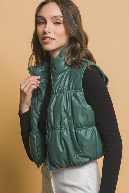 PU FAUX LEATHER PUFFER VEST WITH POCKETS