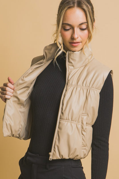 PU FAUX LEATHER PUFFER VEST WITH POCKETS