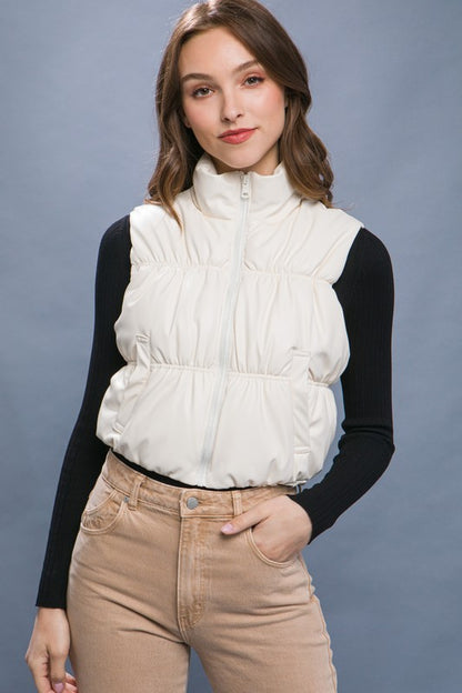 PU FAUX LEATHER PUFFER VEST WITH POCKETS