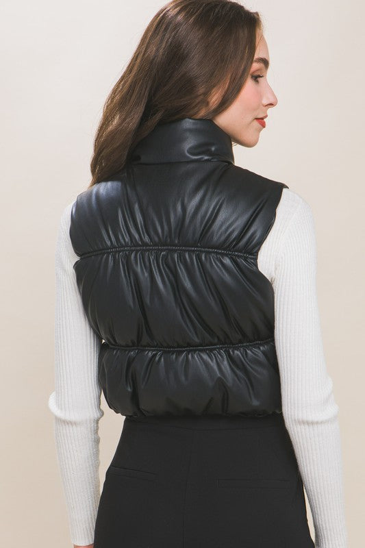 PU FAUX LEATHER PUFFER VEST WITH POCKETS