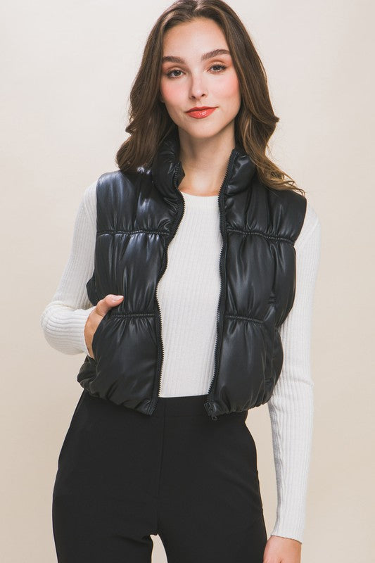 PU FAUX LEATHER PUFFER VEST WITH POCKETS