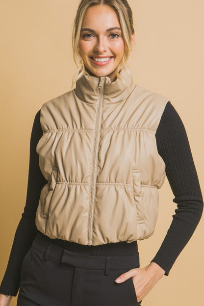 PU FAUX LEATHER PUFFER VEST WITH POCKETS