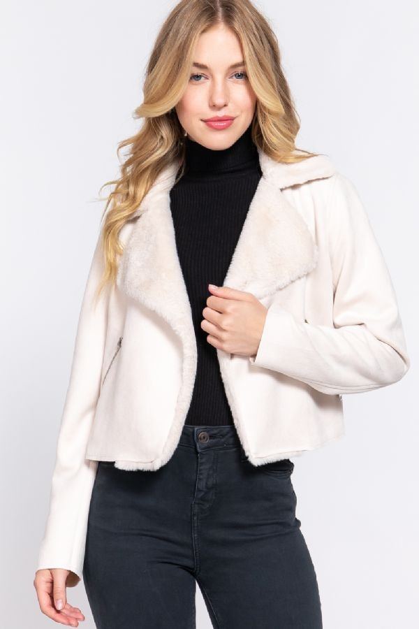 Lapel Collar Fur Detail Faux Suede Biker Jacket