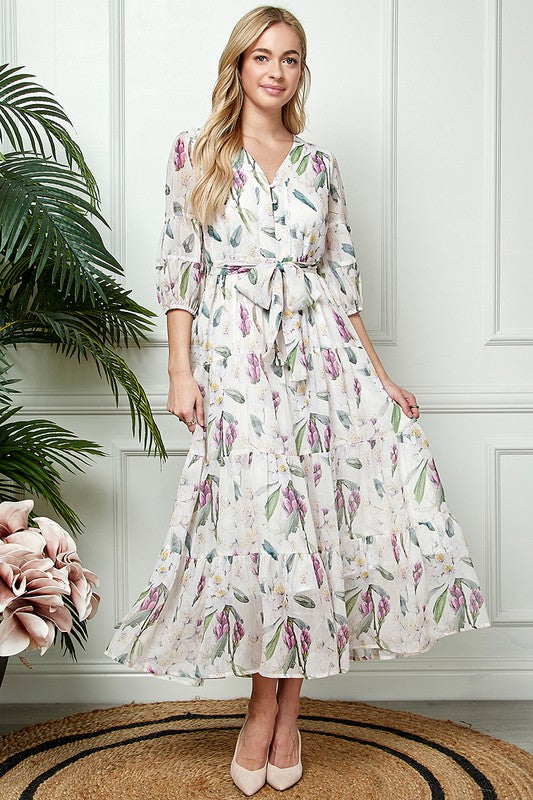 1/2 Sleeve Chiffon Vintage Pattern Full Dress