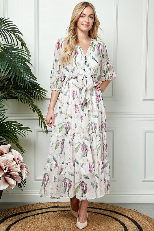 1/2 Sleeve Chiffon Vintage Pattern Full Dress