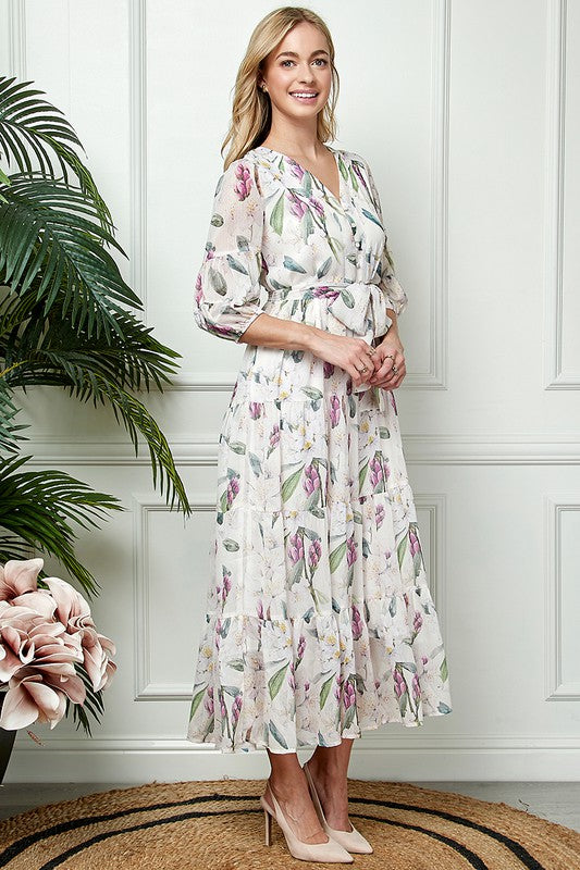 1/2 Sleeve Chiffon Vintage Pattern Full Dress