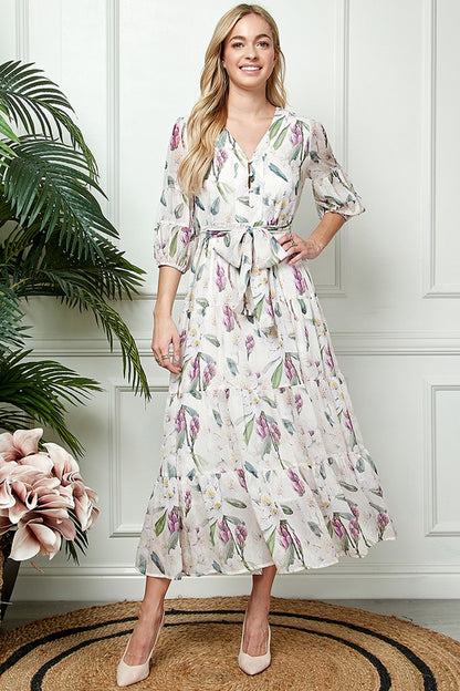 1/2 Sleeve Chiffon Vintage Pattern Full Dress