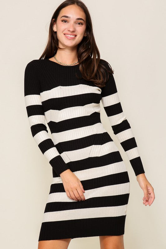 STRIPED BODYCON KNIT MINI SWEATER DRESS