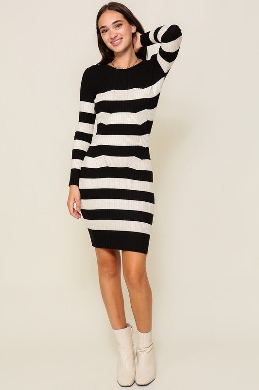 STRIPED BODYCON KNIT MINI SWEATER DRESS