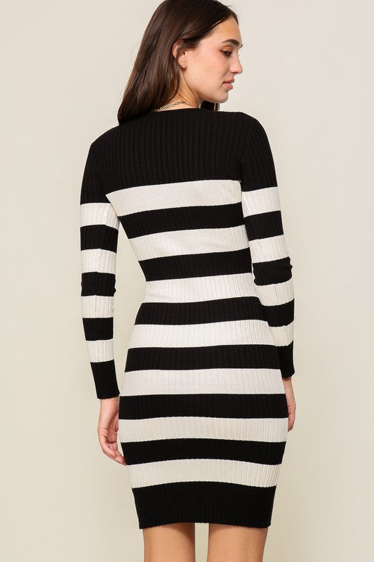 STRIPED BODYCON KNIT MINI SWEATER DRESS