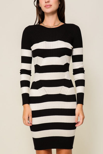 STRIPED BODYCON KNIT MINI SWEATER DRESS