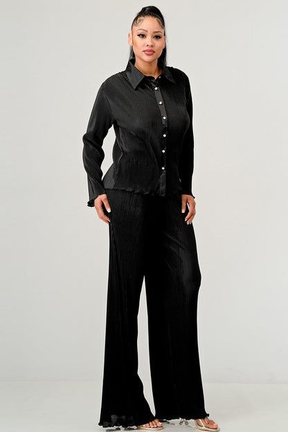 SOLID LONG SLEEVE SHIRT AND WIDE LEG PANTS SET