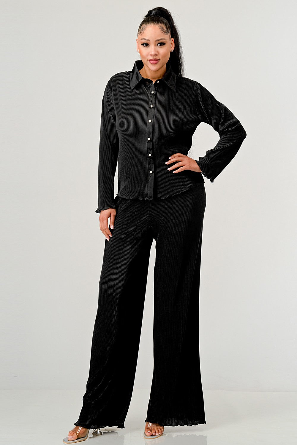 SOLID LONG SLEEVE SHIRT AND WIDE LEG PANTS SET