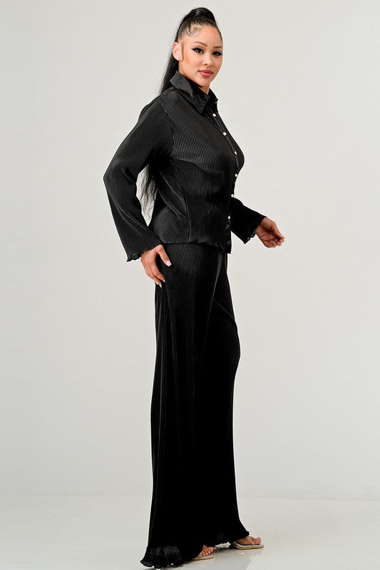 SOLID LONG SLEEVE SHIRT AND WIDE LEG PANTS SET