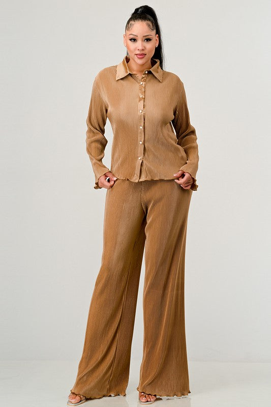 SOLID LONG SLEEVE SHIRT AND WIDE LEG PANTS SET